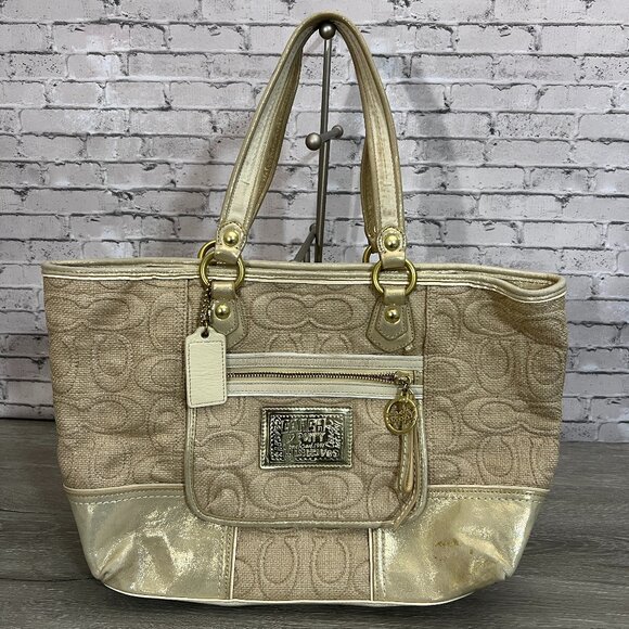 Coach Handbags - COACH Poppy collection textured raffia & patton leather bleaker tote. #16706